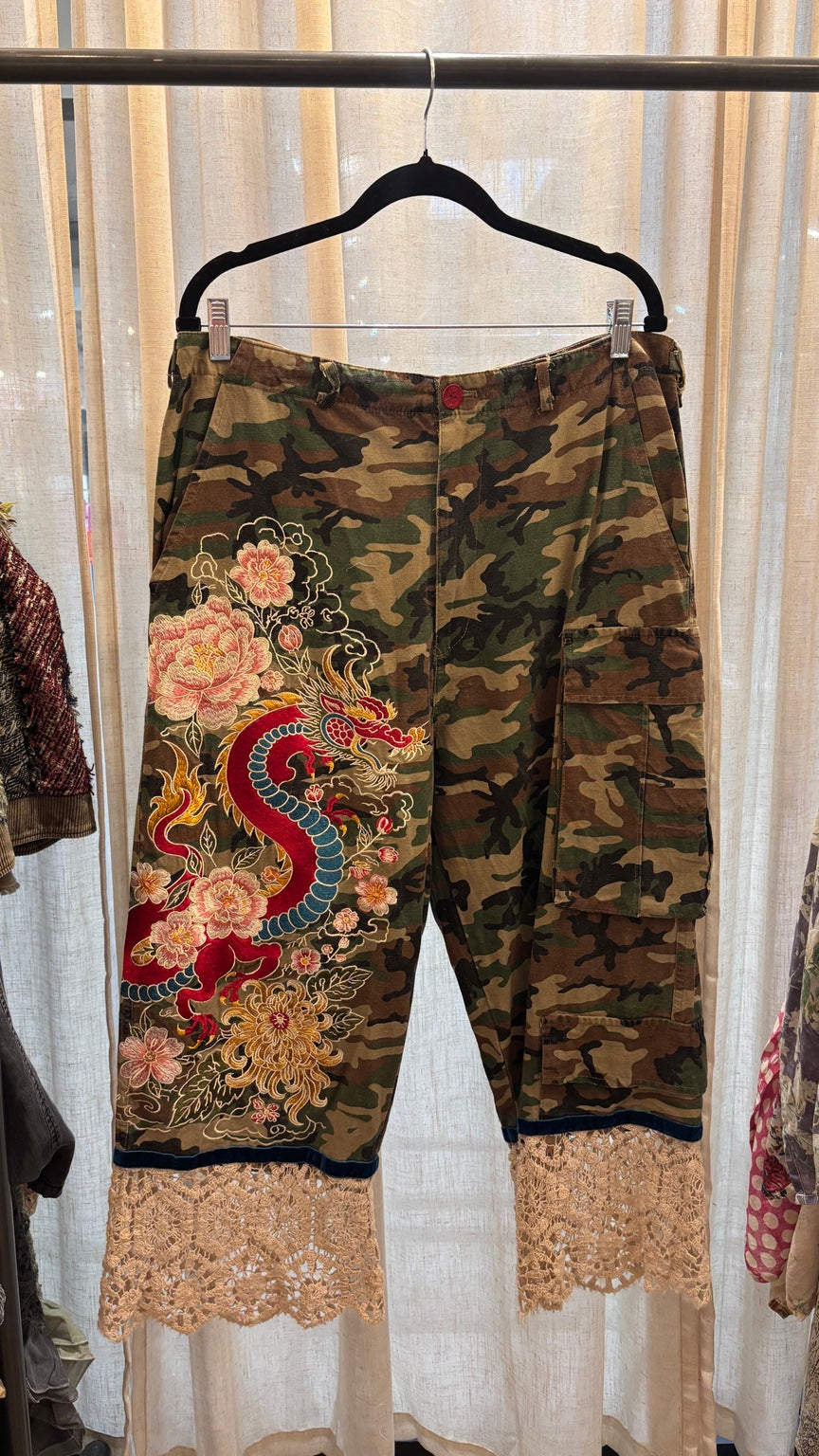 Jaded Gypsy Mystic Warrior Pant in camo with colorful dragon and floral embroidery and lace hems