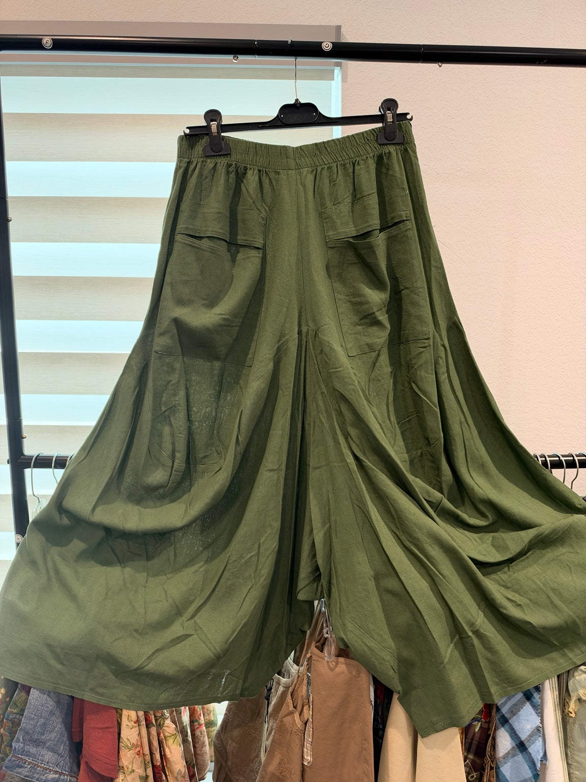 Jaded Gypsy Out and About olive wide-leg pants, back view
