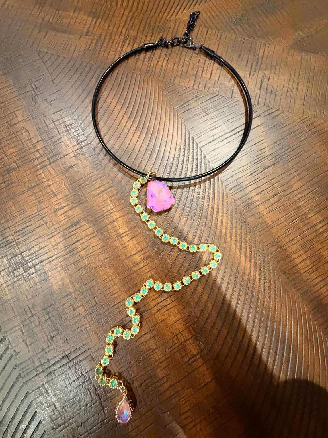 Jaded Gypsy Pink Reverie collar necklace with green stone drop and pink accents