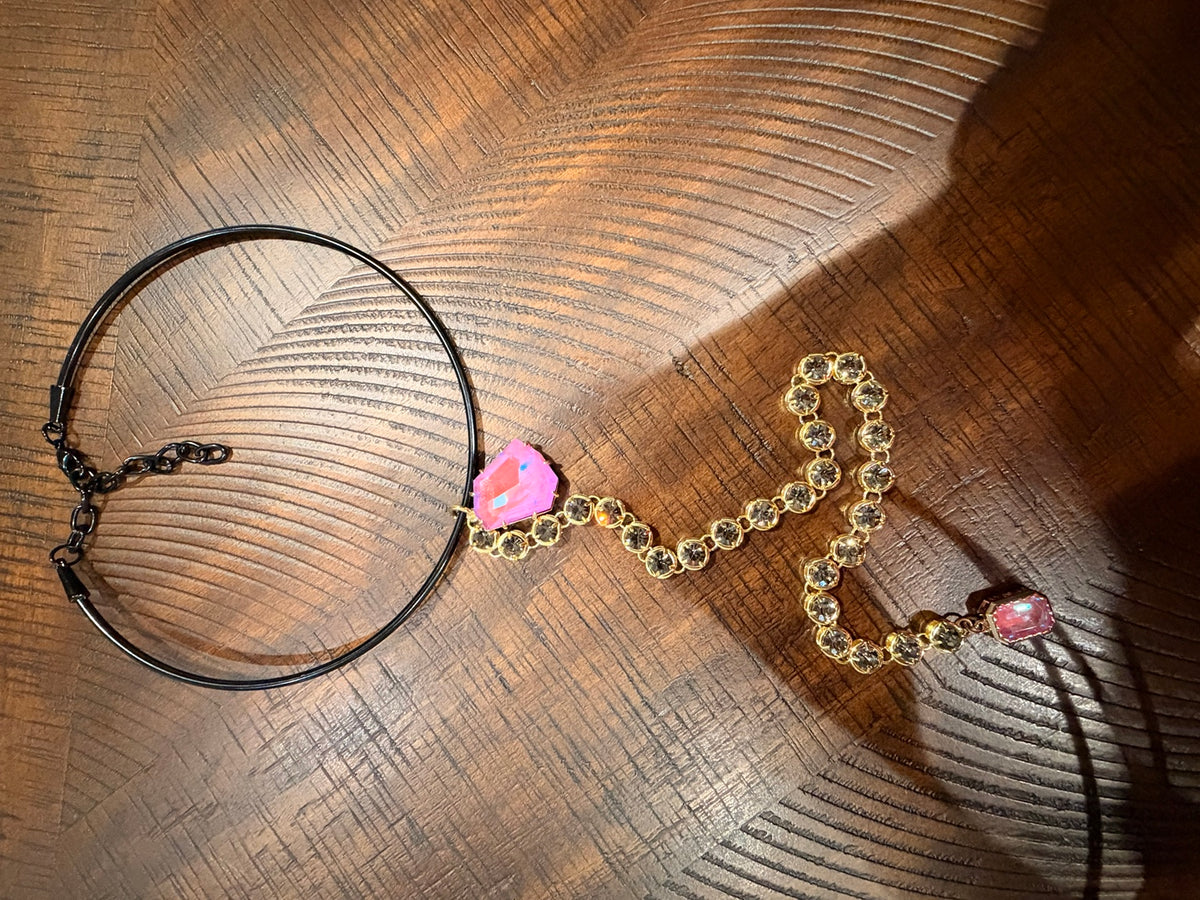 Jaded Gypsy Pink Reverie collar necklace with smoky stone drop and pink accents