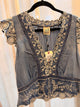 Jaded Gypsy Prairie Rose Chambray Top with cream floral embroidery, scalloped cap sleeves and hem