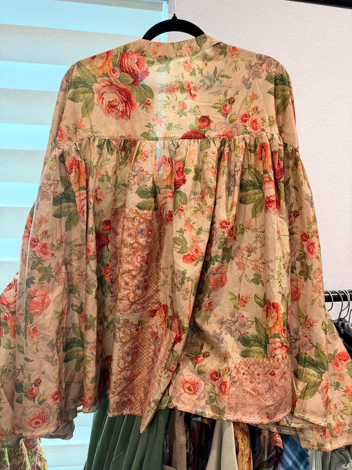 Jaded Gypsy Rose Garden Trellis Top with rose floral print and contrasting patches, back view