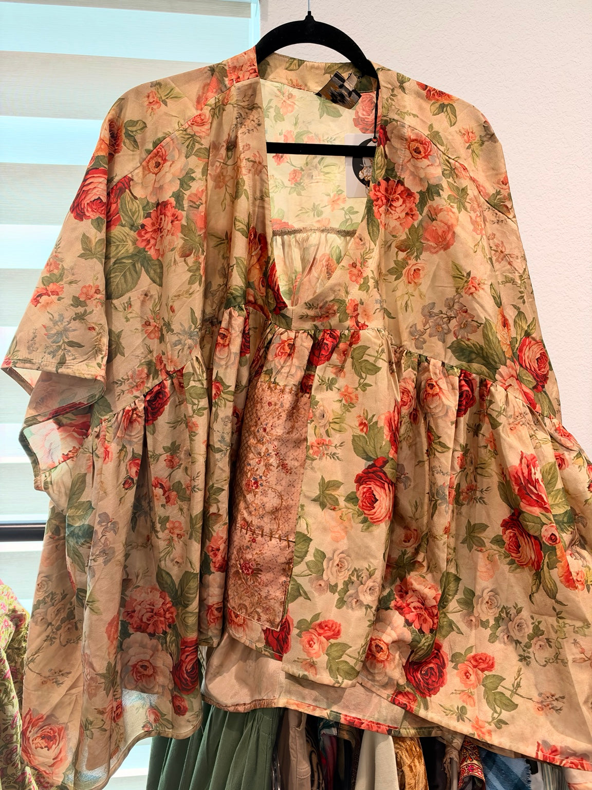 Jaded Gypsy Rose Garden Trellis Top with rose floral print and contrasting patches, front view