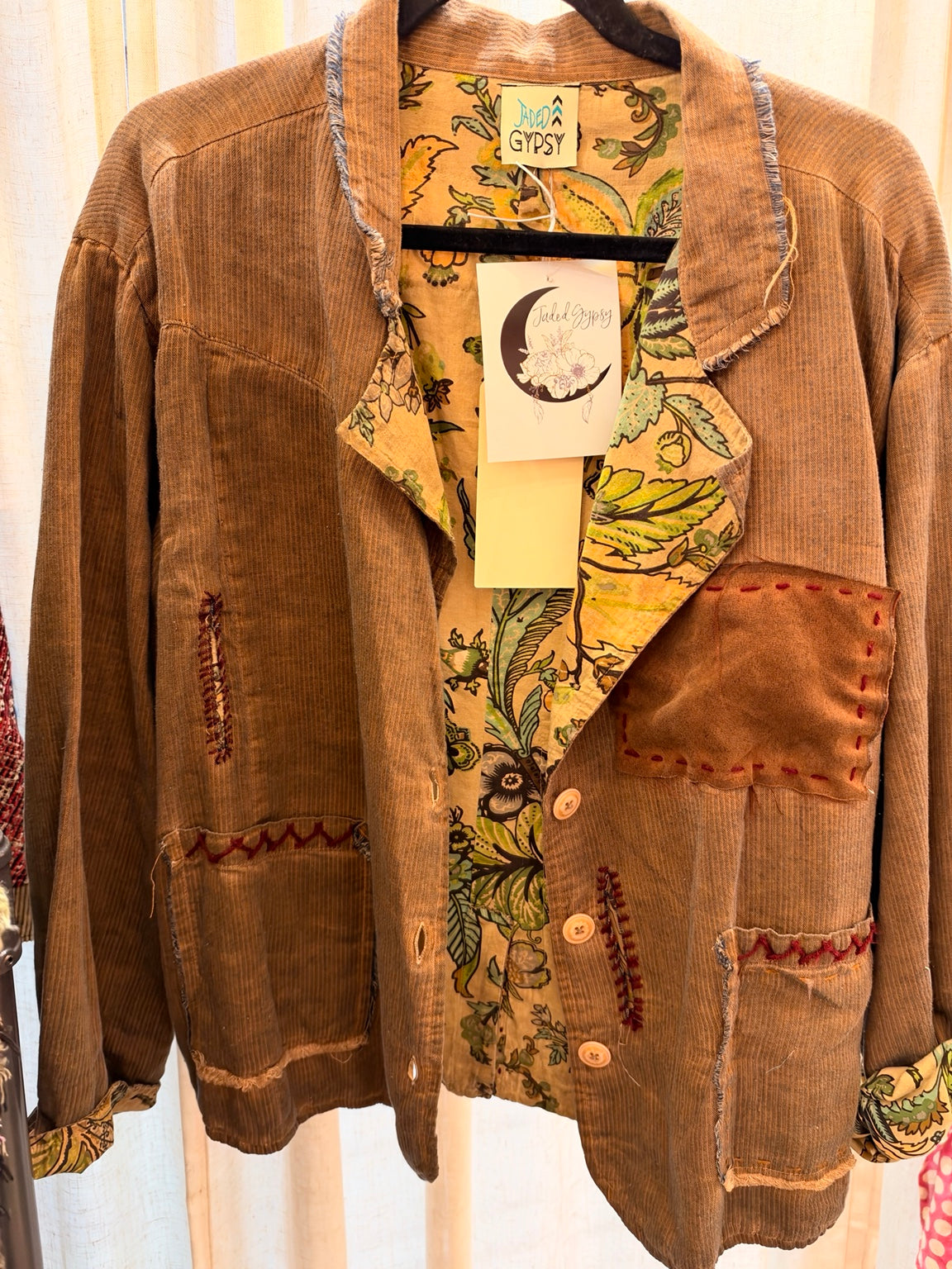 Jaded Gypsy Softly Falling Jacket in Chocolate with floral lapels and contrast stitching
