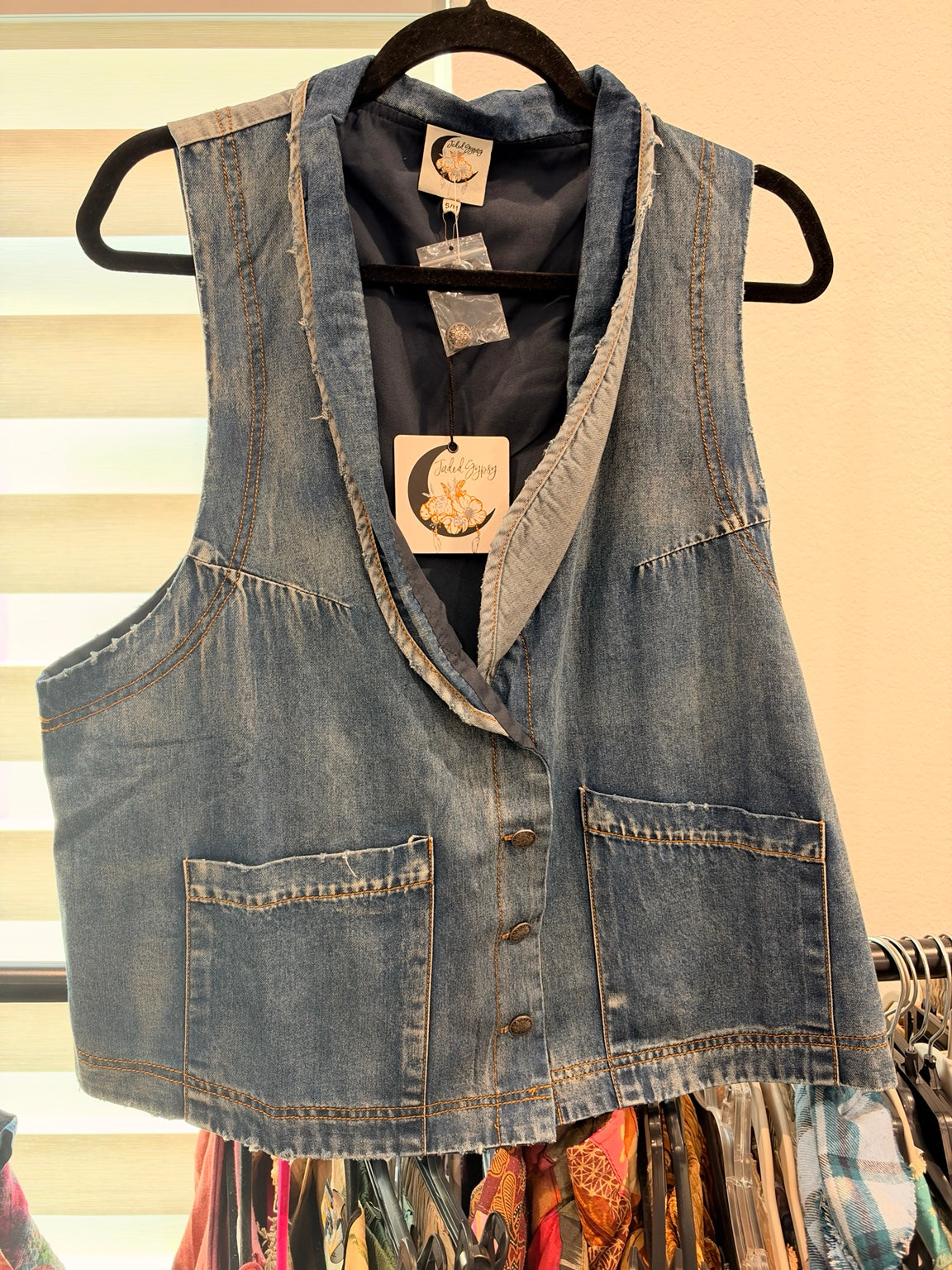 Jaded Gypsy Spellbound Chambray Vest – button front, raw edges and patch pockets