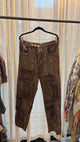 Traveling On Pants – Chocolate Stripe with distressed patches and paint-splatter accents