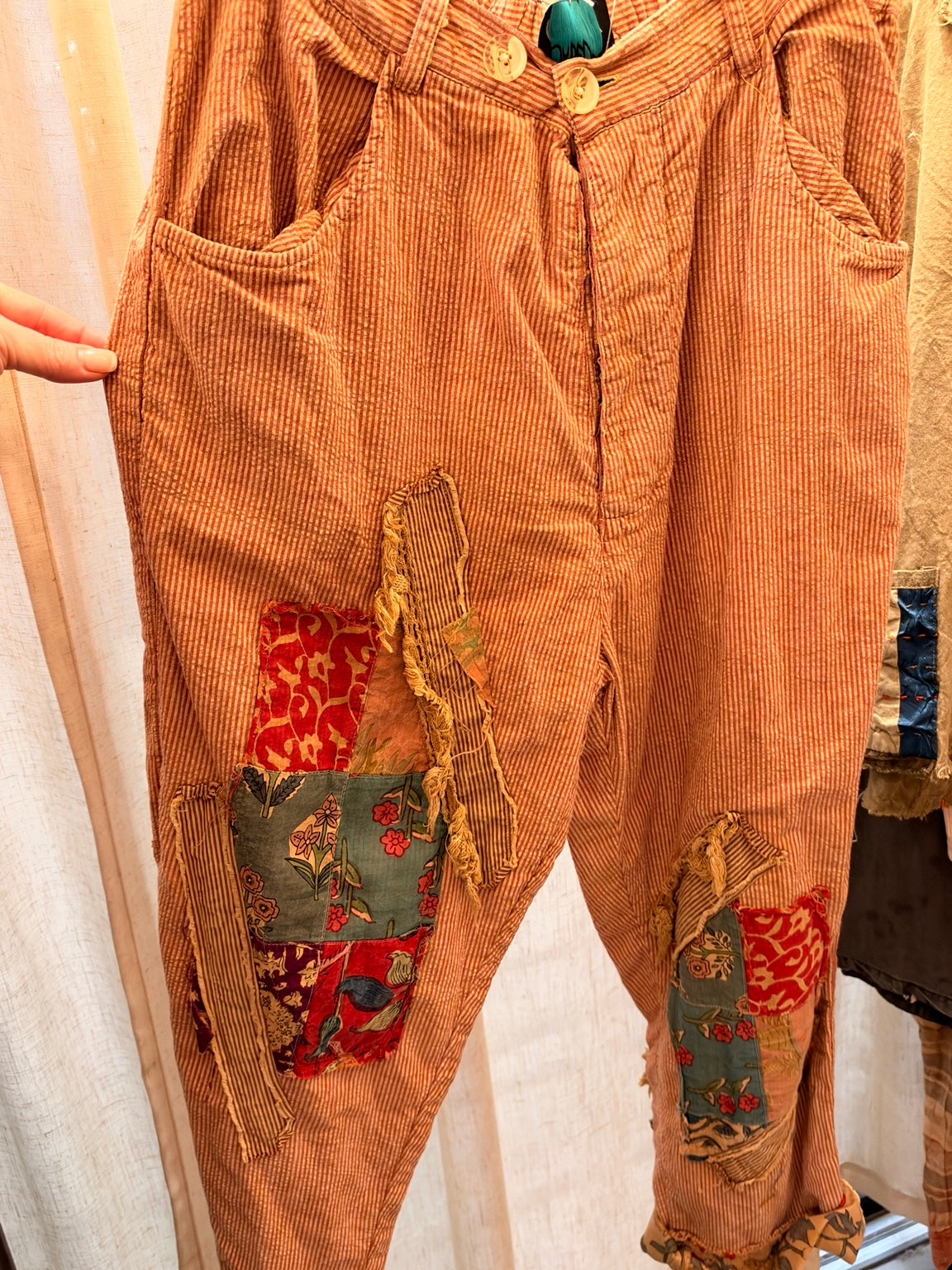 Jaded Gypsy Traveling On Pants in Ruby Stripe with colorful patchwork