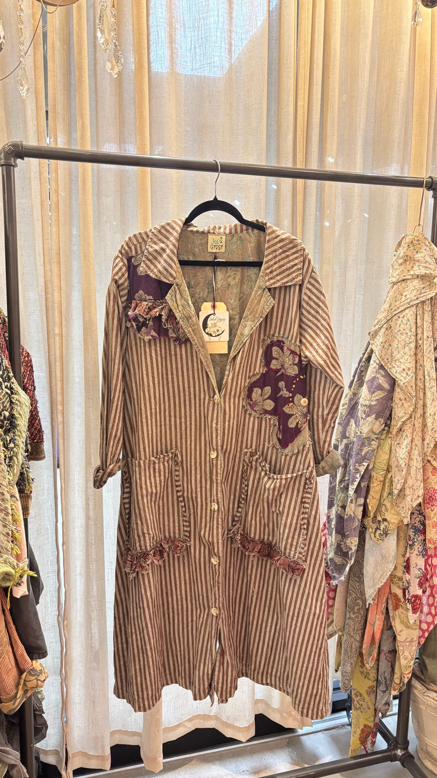 Jaded Gypsy Wander and Gather Duster with brown stripes, floral patches and ruffled pockets
