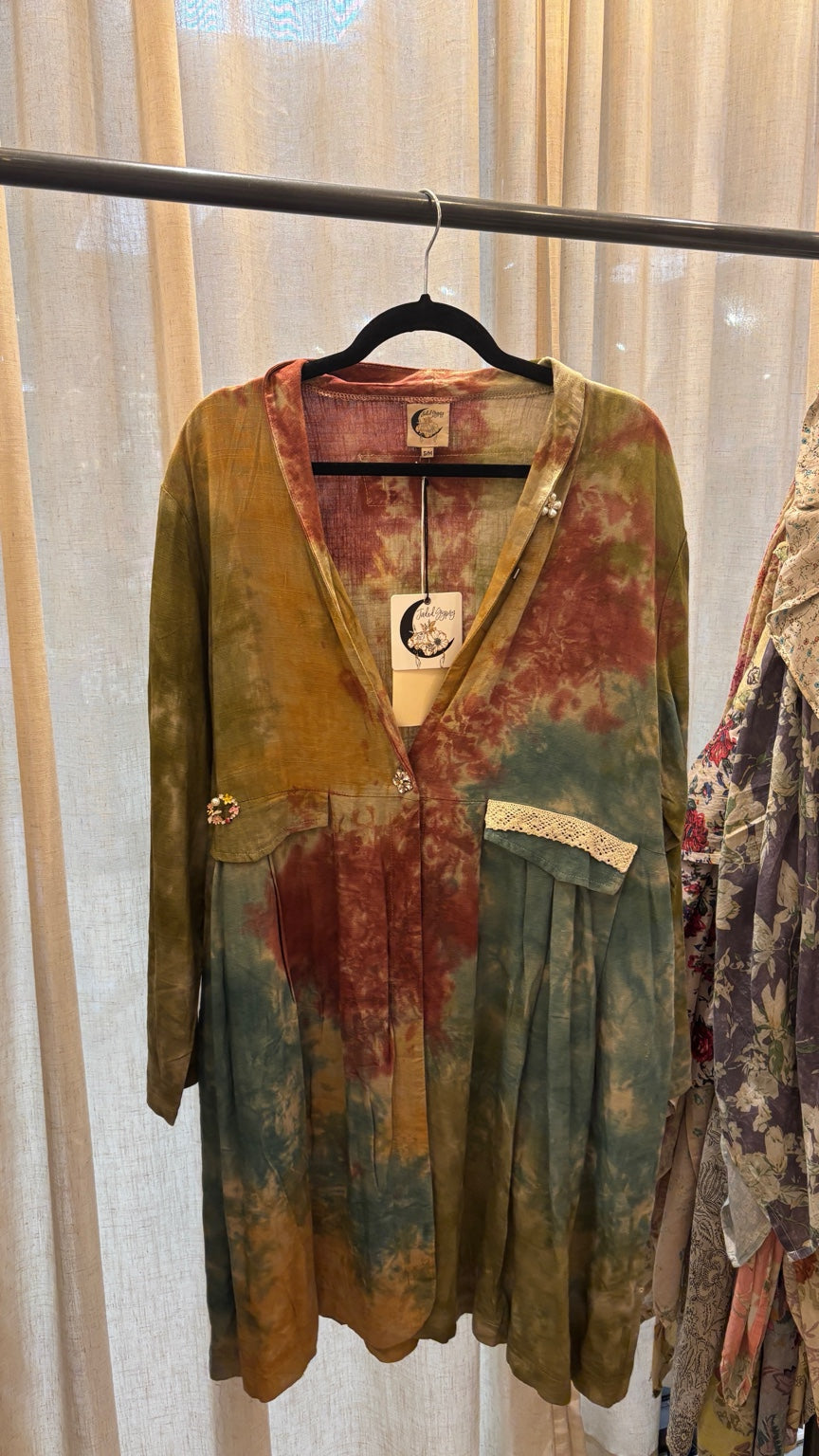 Jaded Gypsy Whispering Willow Coat in earthy tie dye with lace pocket trim