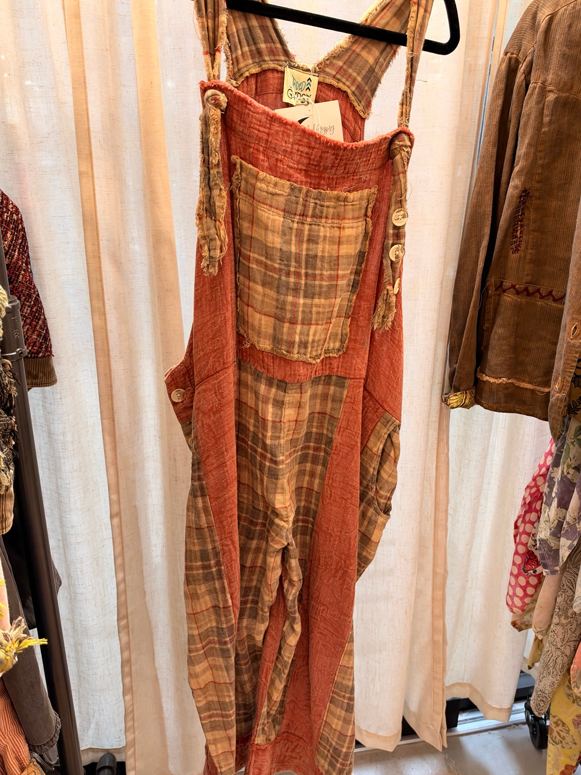 Jaded Gypsy Wildly Rooted Overalls in Ruby with plaid panels and a large bib pocket