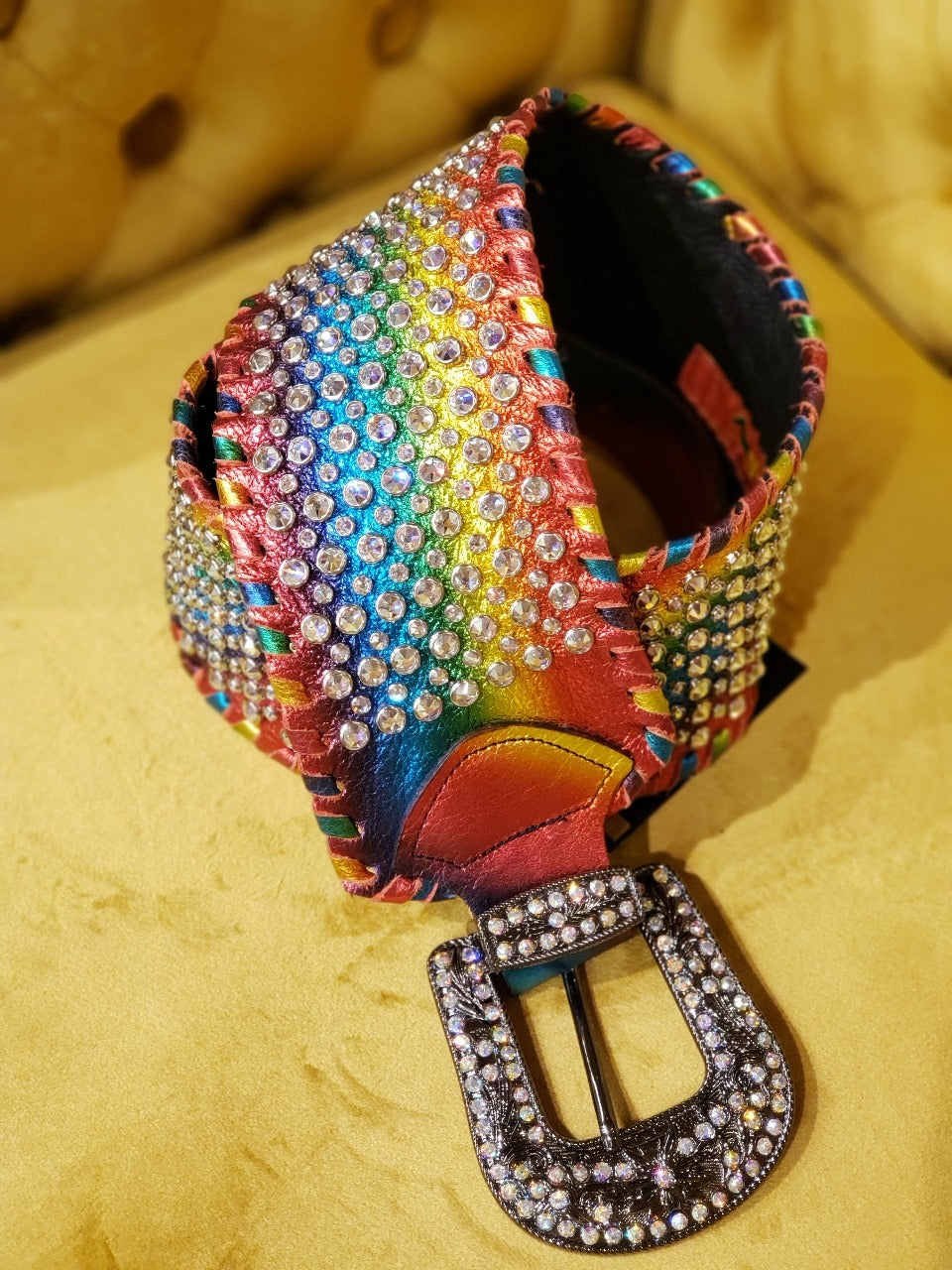 Kurtman Rambo rainbow leather belt with sparkling stones, colorful whipstitch edging and embellished buckle
