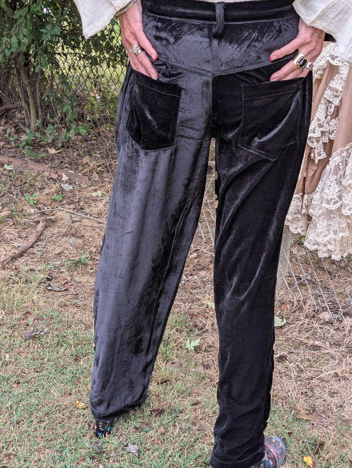 Midnight Wildflower Pants — Felecia Bella by paper lace, back view showing two patch pockets and belt loops.