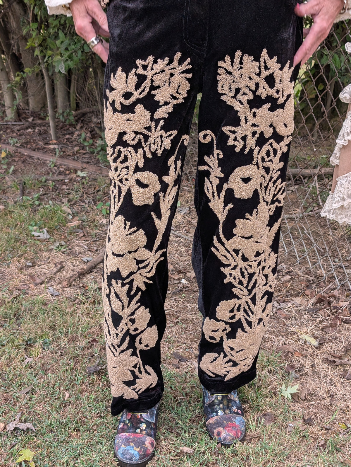 Midnight Wildflower Pants — Felecia Bella by paper lace, front view showing raised light-toned floral details against a dark background.