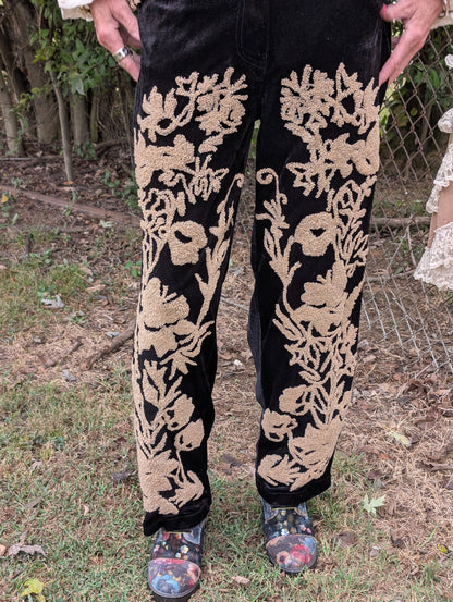 Midnight Wildflower Pants — Felecia Bella by paper lace, front view showing raised light-toned floral details against a dark background.