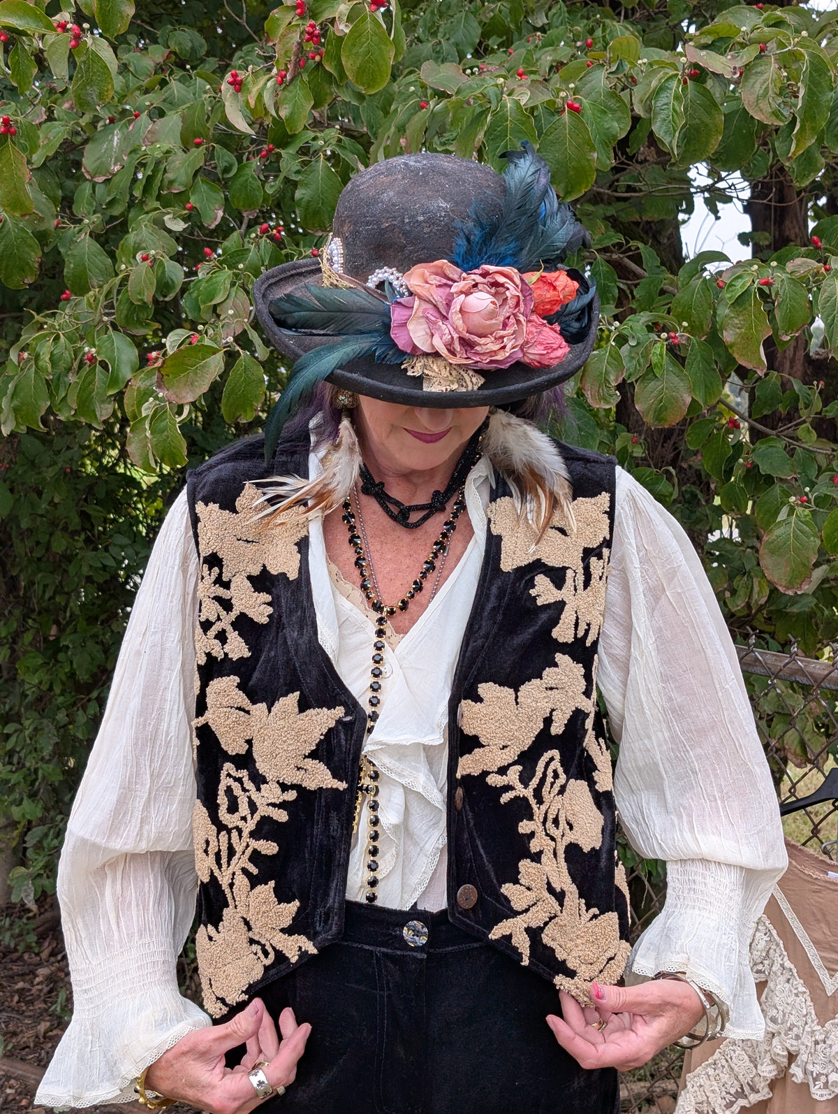 Midnight Wildflower Vest — Felecia Bella by paper lace; close-up of raised floral details and front buttons.