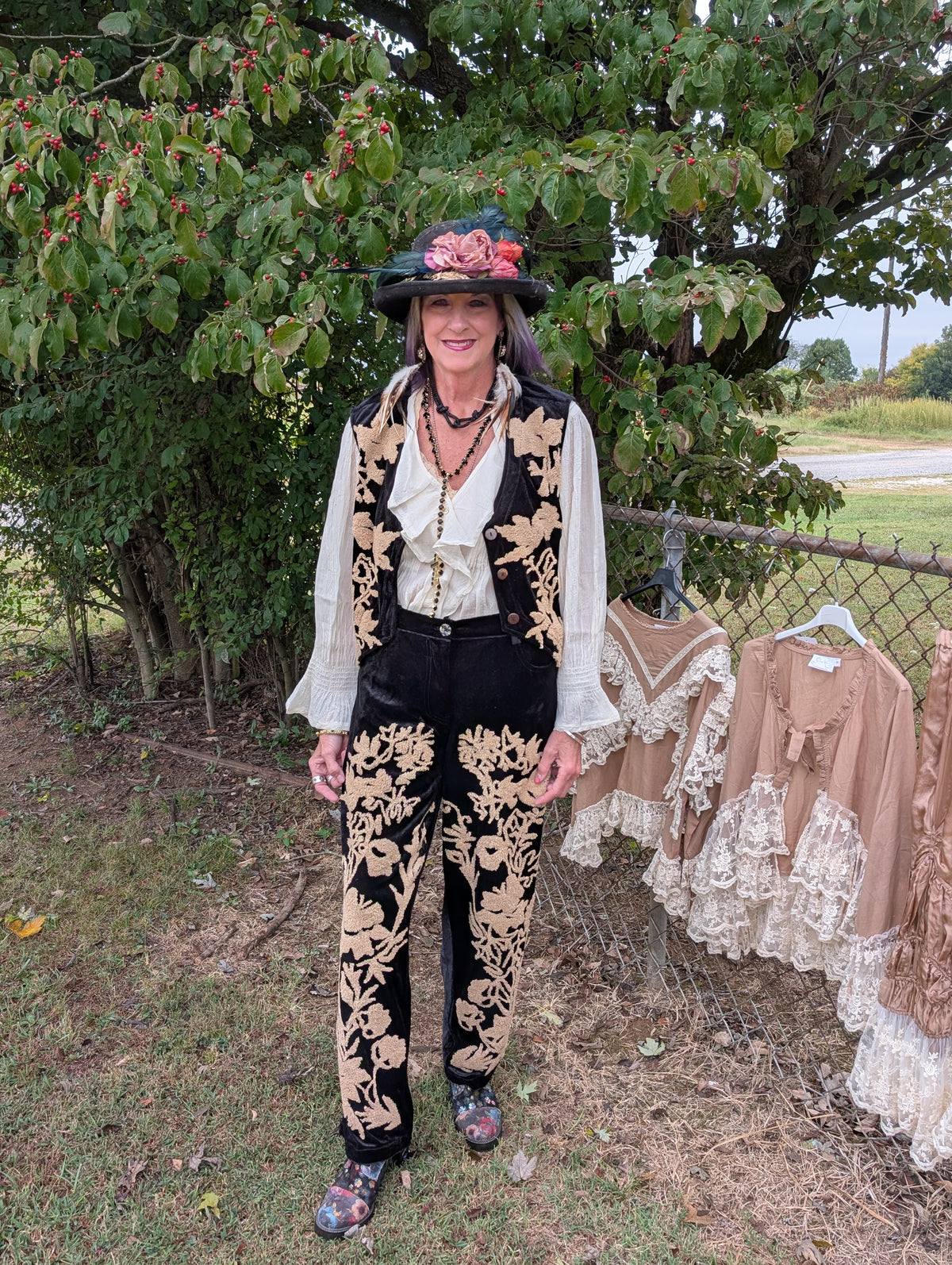 Complete outfit styling inspiration featuring the Midnight Wildflower Vest and matching Pants — Felecia Bella by paper lace. Each garment is sold separately.