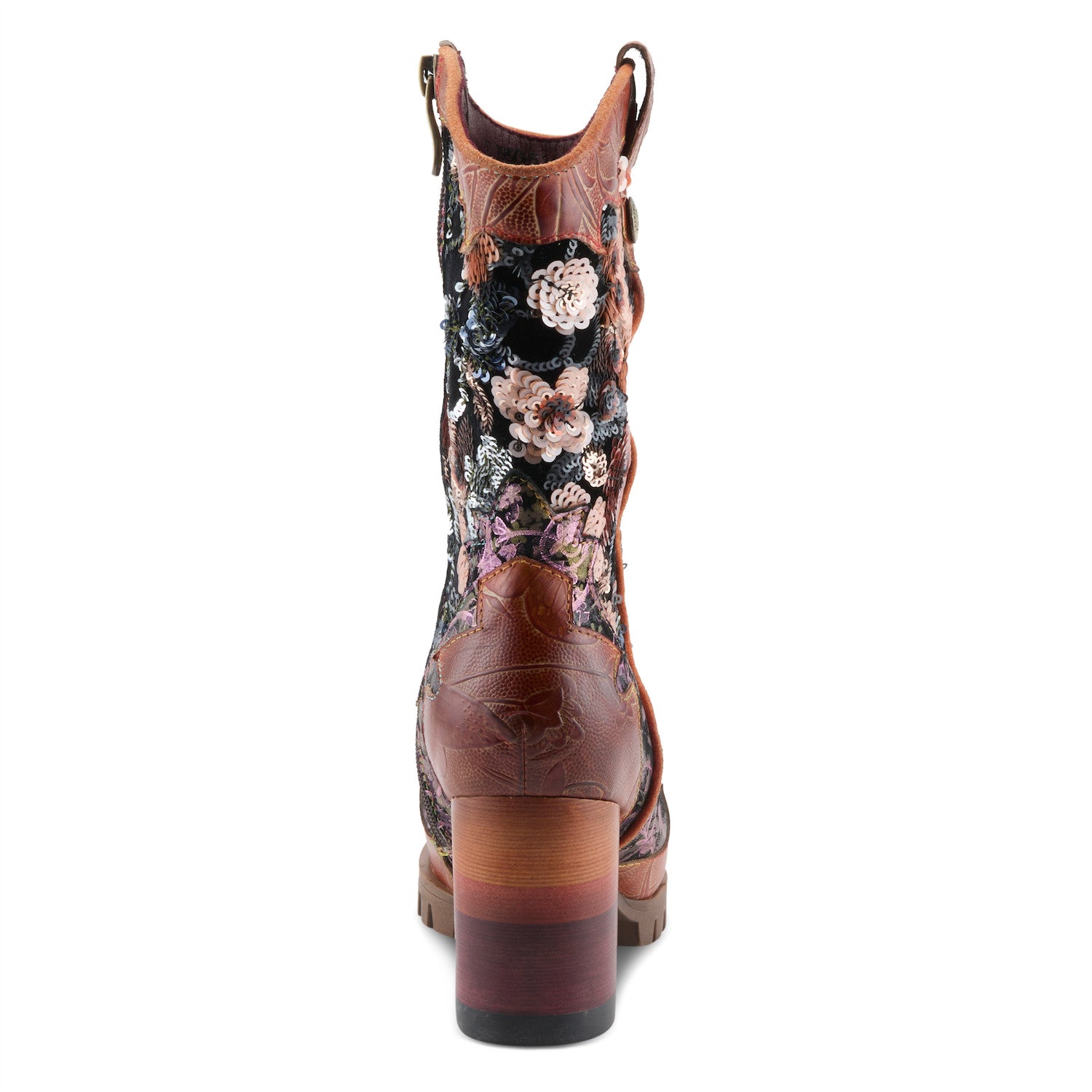 L'Artiste Myohmy sequin boot top view showing embossed toe and inside zipper