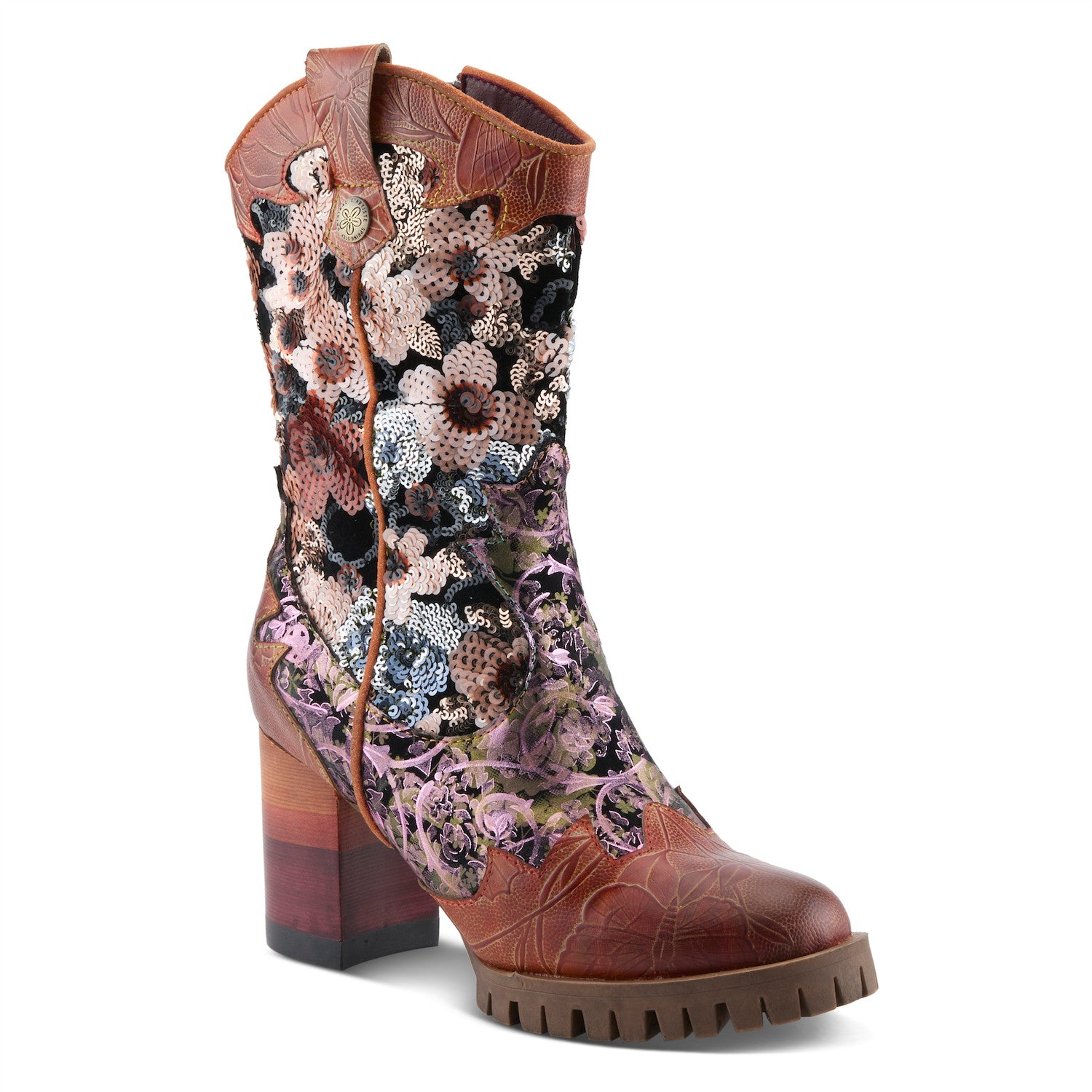 L'Artiste Myohmy sequin floral appliqué heeled boot front view