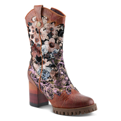 L'Artiste Myohmy sequin floral appliqué heeled boot front view