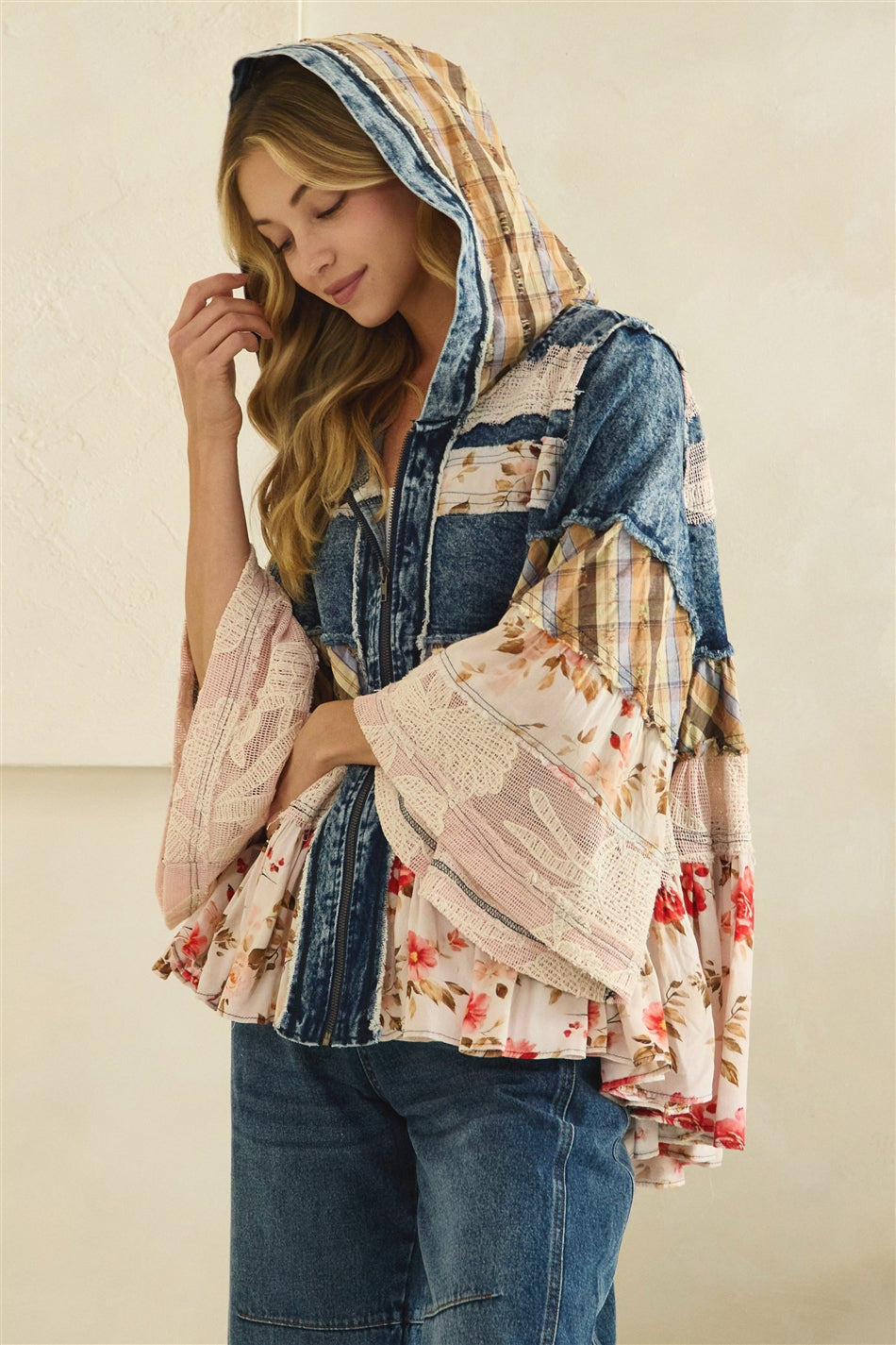 Oli and Hali BT1096 Denim Floral — Wildflower Wanderer Ruffle Hooded Jacket