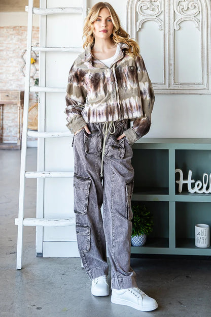 OLI & HALI  TIE DYE HI-LOW HEM HOODED CORDUROY SHACKET