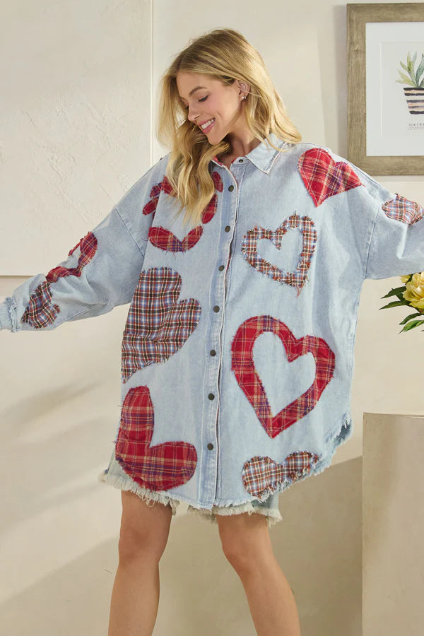 OLI AND HALI WASHED PLAID HEART PATCHWORK BUTTONDOWN SHIRT