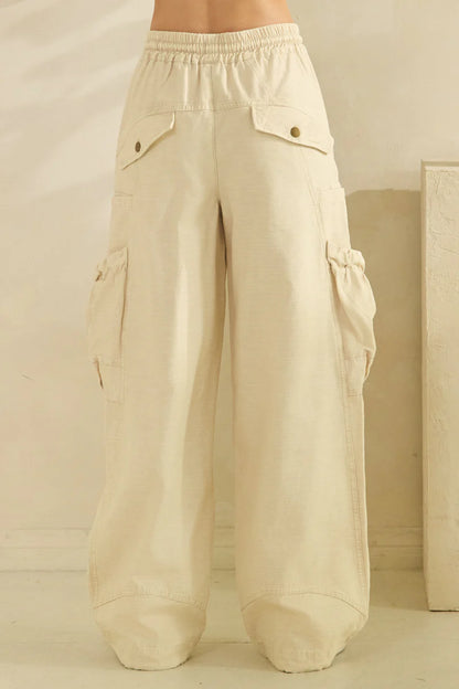 OLI AND HALI WASHED ELASTIC WAIST STRING POINT BIG POCKET PANTS