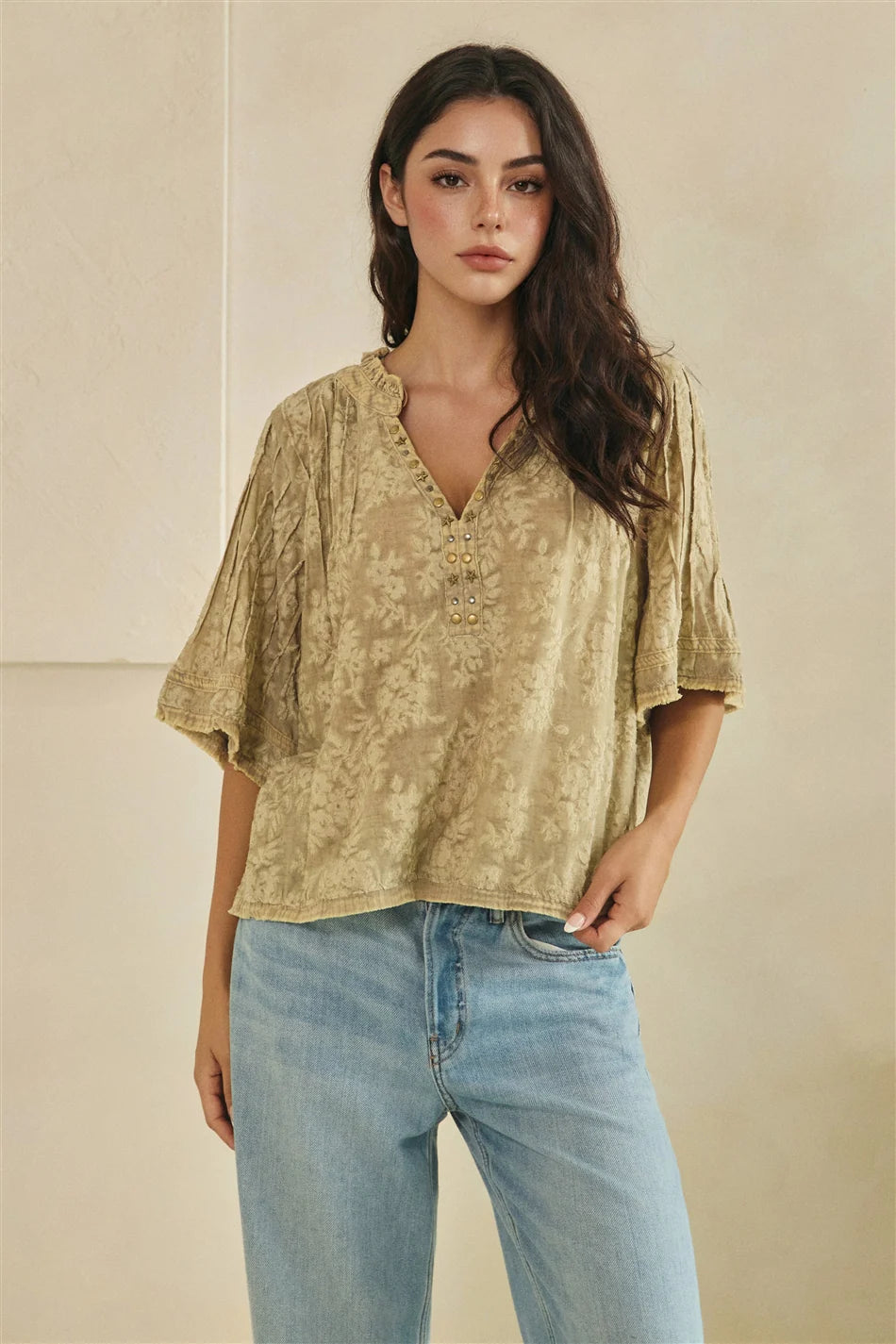 Oli and Hali Washed Vintage Metallic Studs V Neck Top in Taupe - Front view