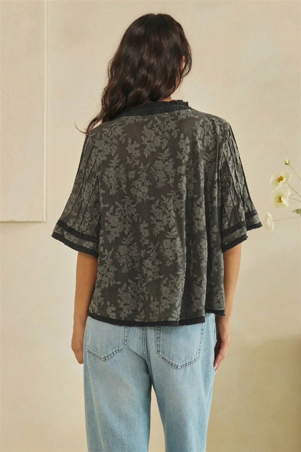 Oli and Hali Washed Vintage Metallic Studs V Neck Top in Black - Front view