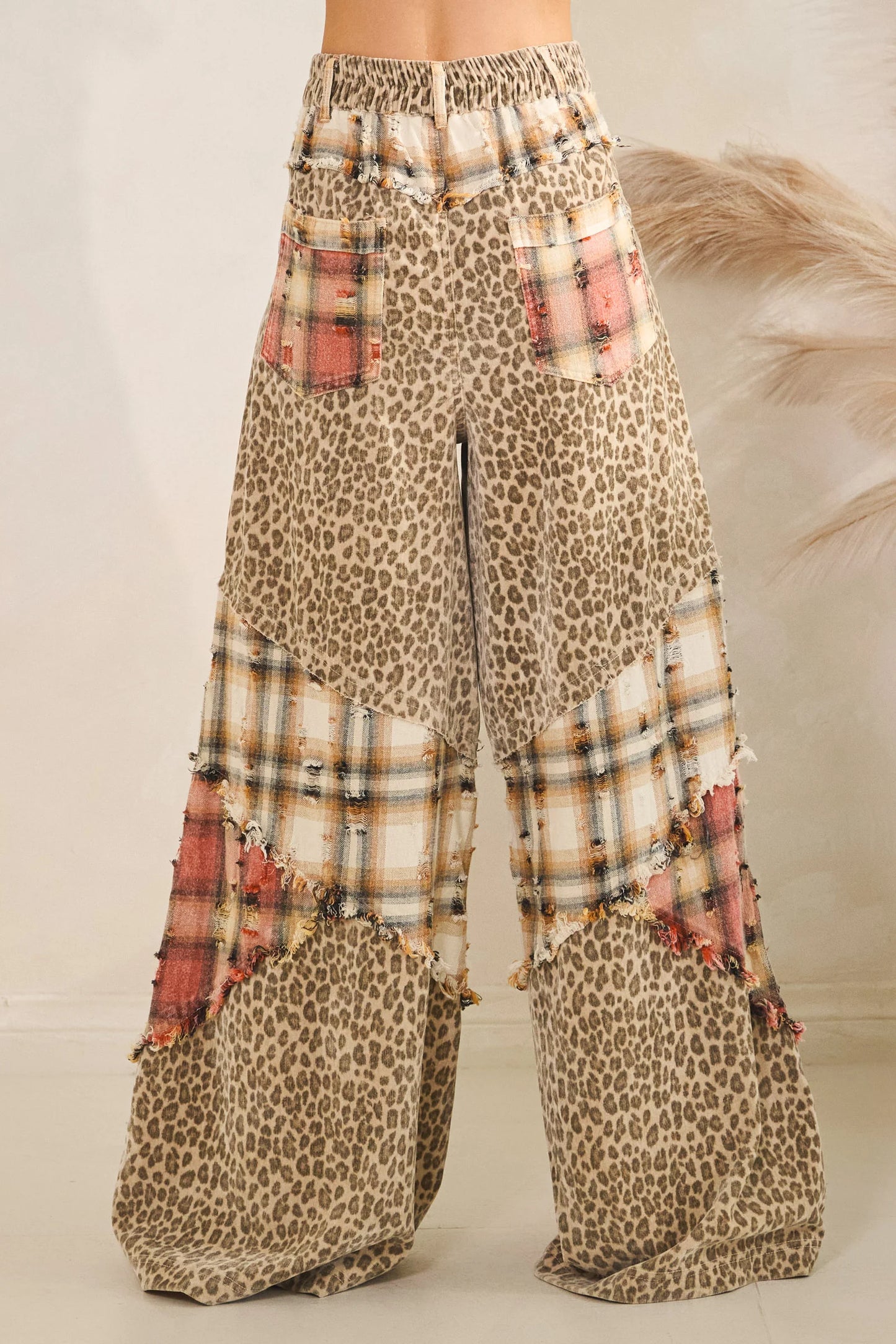Oli and Hali WASHED PLAID LEOPARD DETAILED PANTS