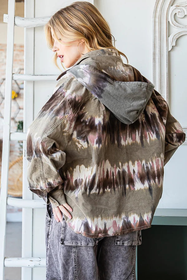 OLI & HALI  TIE DYE HI-LOW HEM HOODED CORDUROY SHACKET