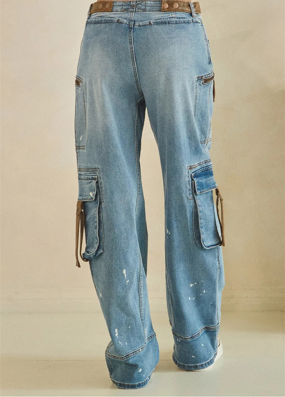Oli and Hali Washed Paint Splattered Suede Trim Cargo Jeans - Back view