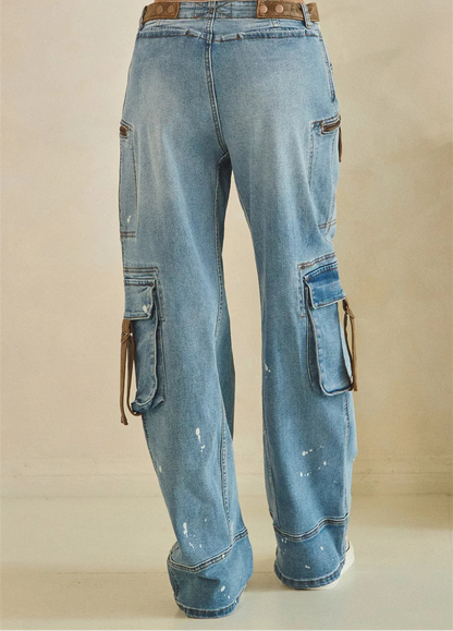 Oli and Hali Washed Paint Splattered Suede Trim Cargo Jeans - Back view