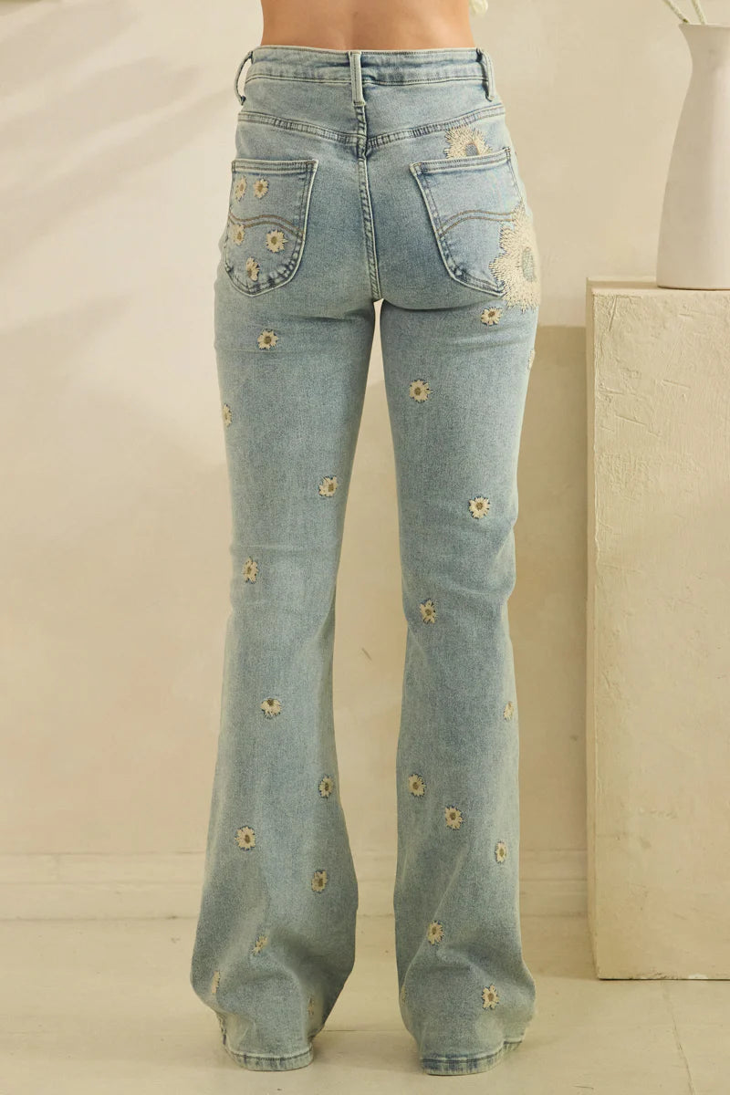 OLI AND HALI WASHED FLORAL EMBROIDERED DENIM JEANS