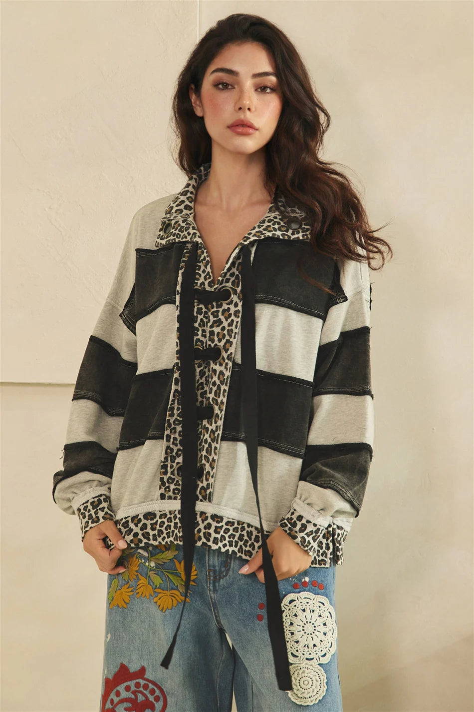 Oli and Hali Washed Contrast Stripe Lace Up Top - Black Combo front view