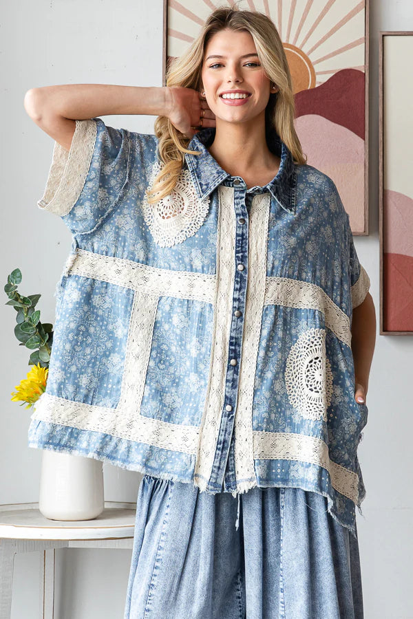 OLI AND HALI WASHED CROCHET PATCHWORK BUTTON DOWN SHIRT