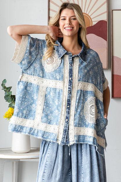 OLI AND HALI WASHED CROCHET PATCHWORK BUTTON DOWN SHIRT