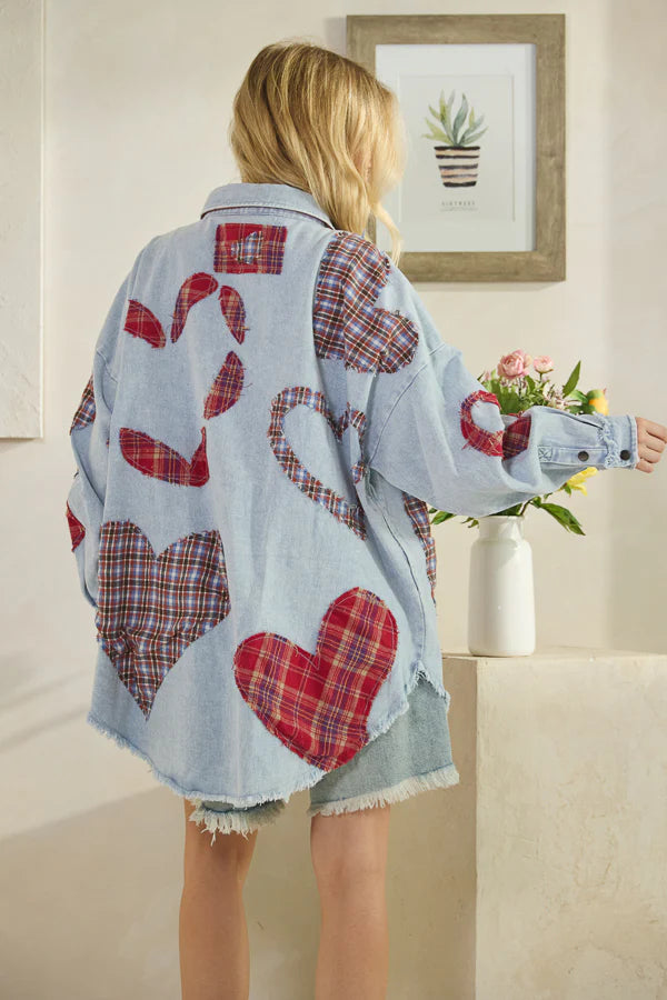OLI AND HALI WASHED PLAID HEART PATCHWORK BUTTONDOWN SHIRT
