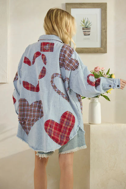OLI AND HALI WASHED PLAID HEART PATCHWORK BUTTONDOWN SHIRT