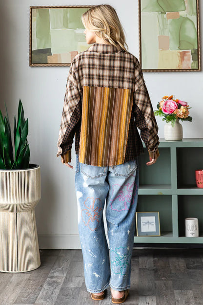 OLI AND HALI WASHED PLAID STRIPE MIXED BUTTON DOWN SHIRT