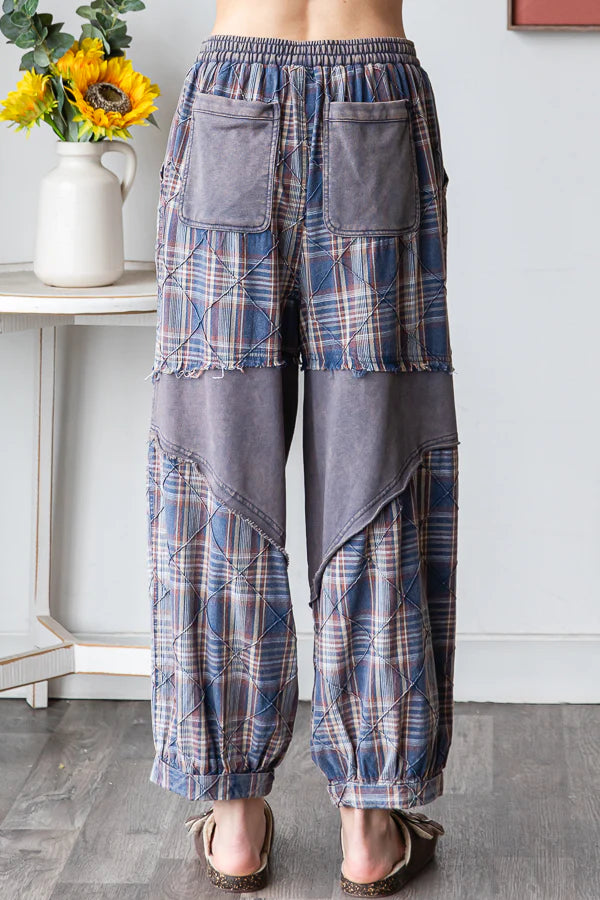 OLI AND HALI WASHED PLAID MIXED TERRY QUILTING DETAIL PANTS