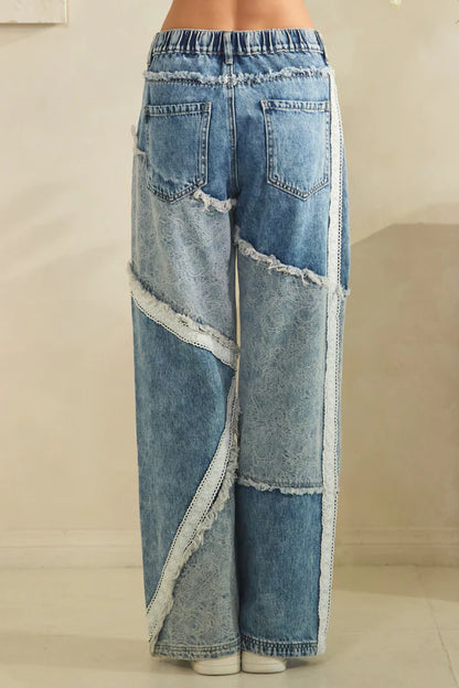 Washed Patchwork Denim Wide Leg Jeans - Back View
