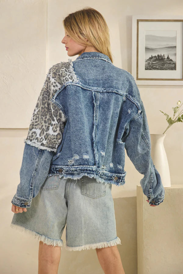OLI AND HALI WASHED  LEOPARD CONTRAST DENUM JACKET
