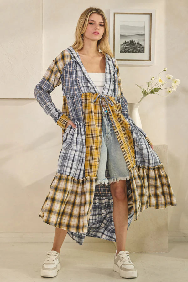 OLI AND HALI WASHED PLAID MIXED HOODED LONG SLEEVE DUSTER