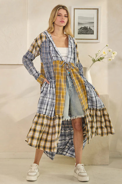 OLI AND HALI WASHED PLAID MIXED HOODED LONG SLEEVE DUSTER