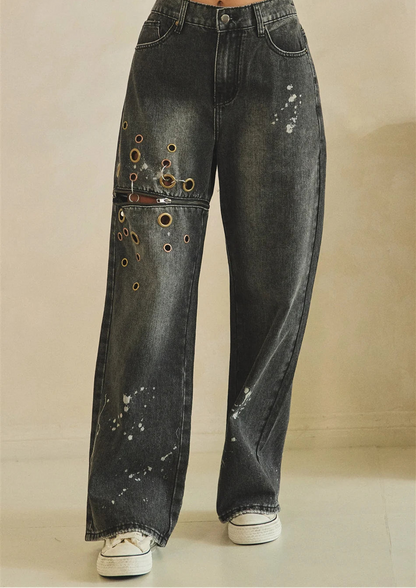 Oli and Hali Washed Multi Eyelet Ring Trim High Waist Jeans - Side