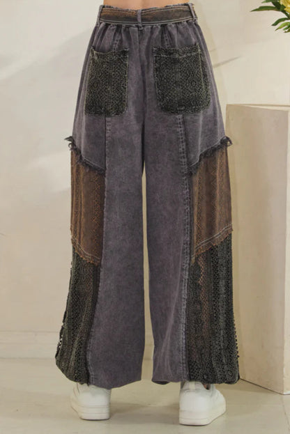 OLI AND HALI WASHED MIXED FABRIC BELTED WAIST JOGGER PANTS