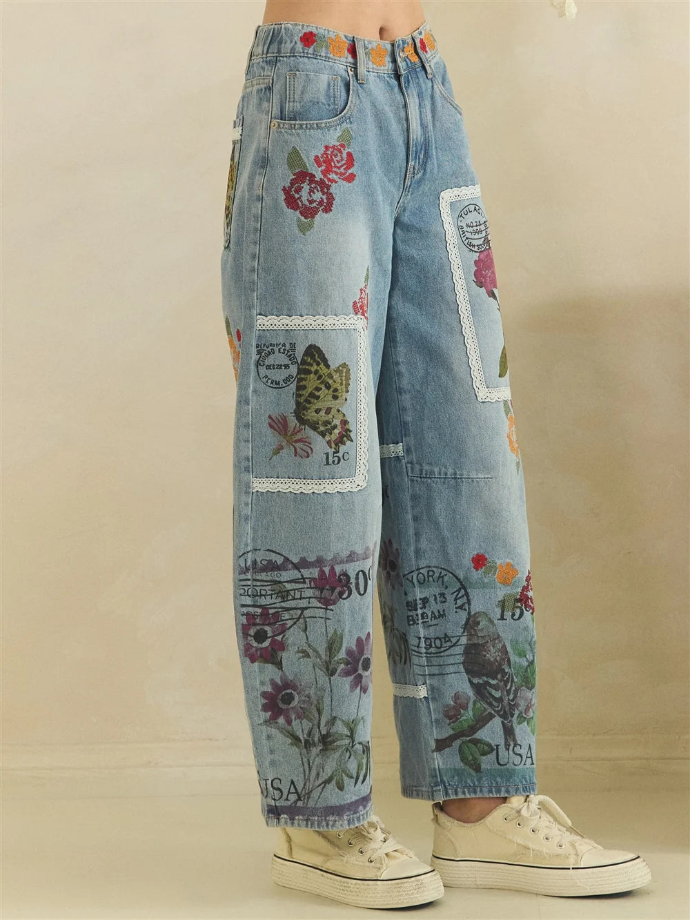 Oli & Hali Postage print embroidery combo barrel Jeans