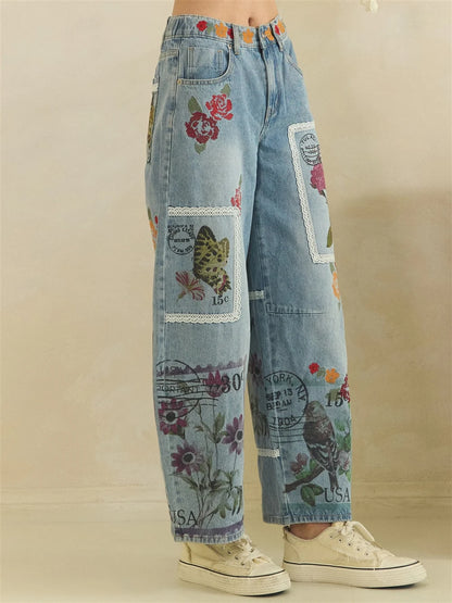 Oli & Hali Postage print embroidery combo barrel Jeans