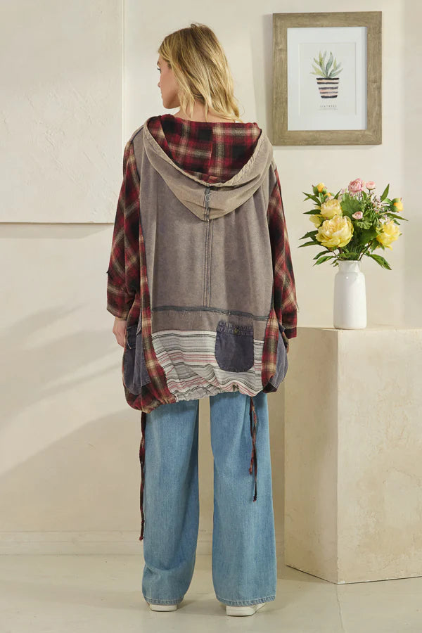 OLI AND HALI WASHED MIXED FABRIC HALF ZIP HOODED PULLOVER TOP